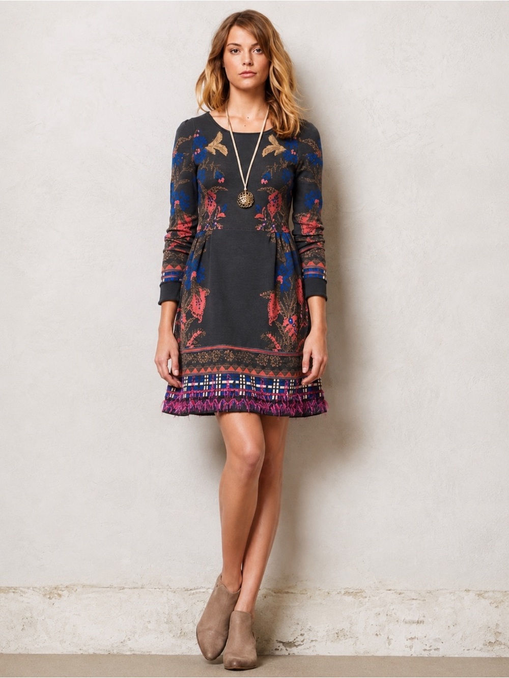 Anthropologie Knitted & Knotted Petalbrush Sweater Dress Bird Floral Jacquard S